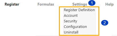 1. Settings drop-down menu 2. Settings menu selections